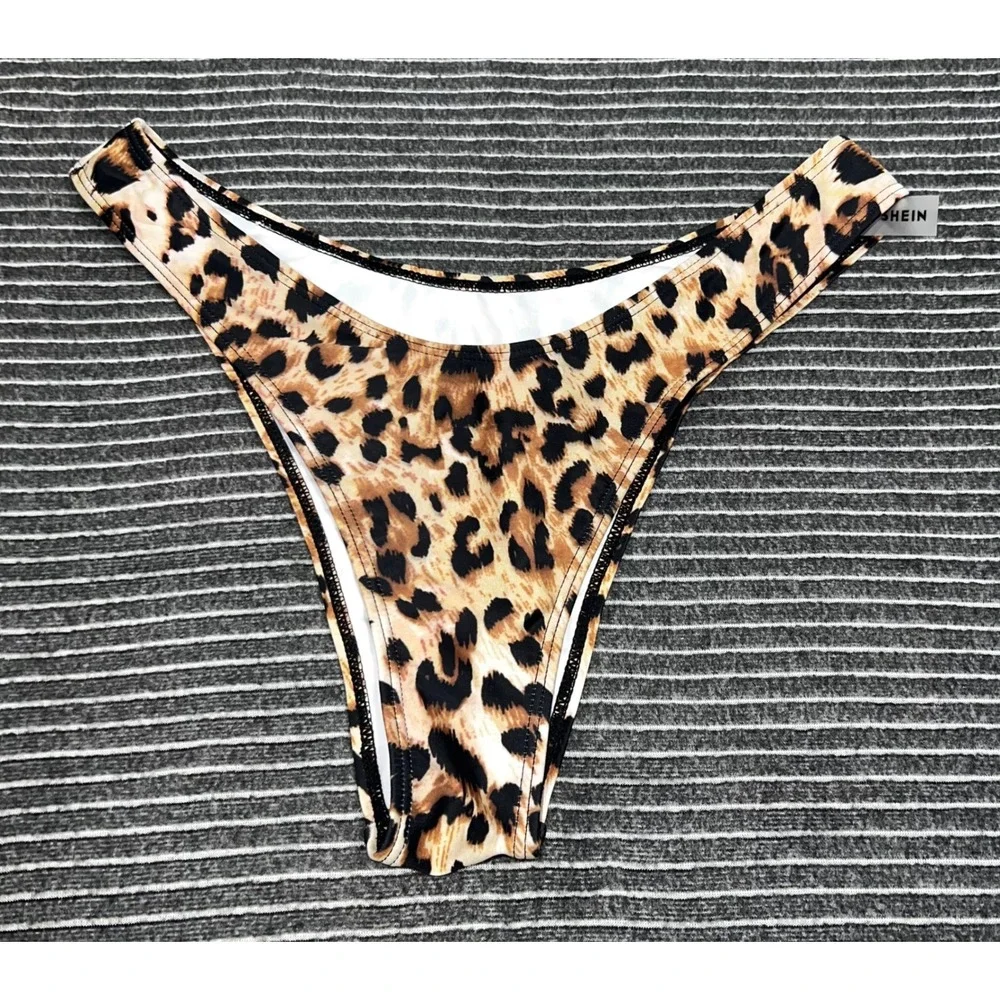 Shein Women XL Leopard Print High Cut Bikini Bottoms Brown Animal Print Cheeky